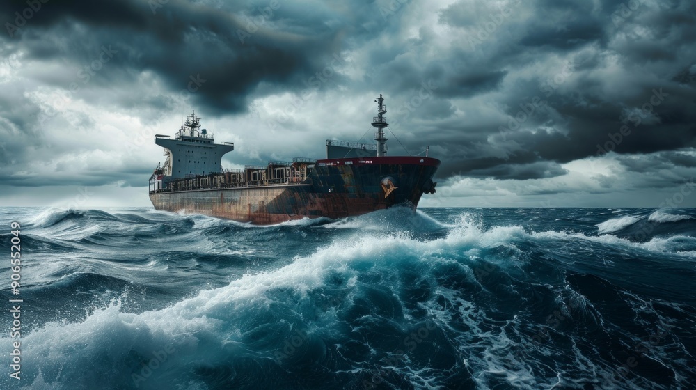 A cargo ship battles rough seas in a stormy setting with dark skies and thunderclouds. Tension and drama fill the scene as the ship struggles in turbulent waters. A cargo ship battles rough seas in a stormy setting with dark skies and thunderclouds. Tension and drama fill the scene as the ship struggles in turbulent waters.
