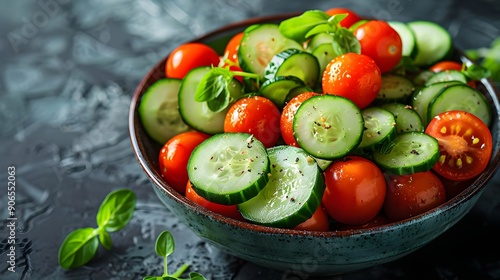 A bowl of mixed vegetables including tomatoes, cucumbers, and basil