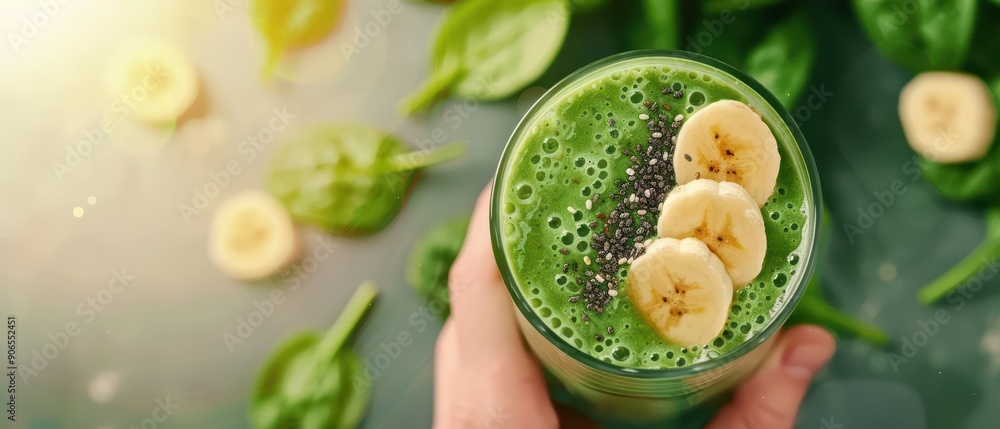 A top view of a healthy smoothie setup with a glass of green smoothie A top view of a healthy smoothie setup with a glass of green smoothie