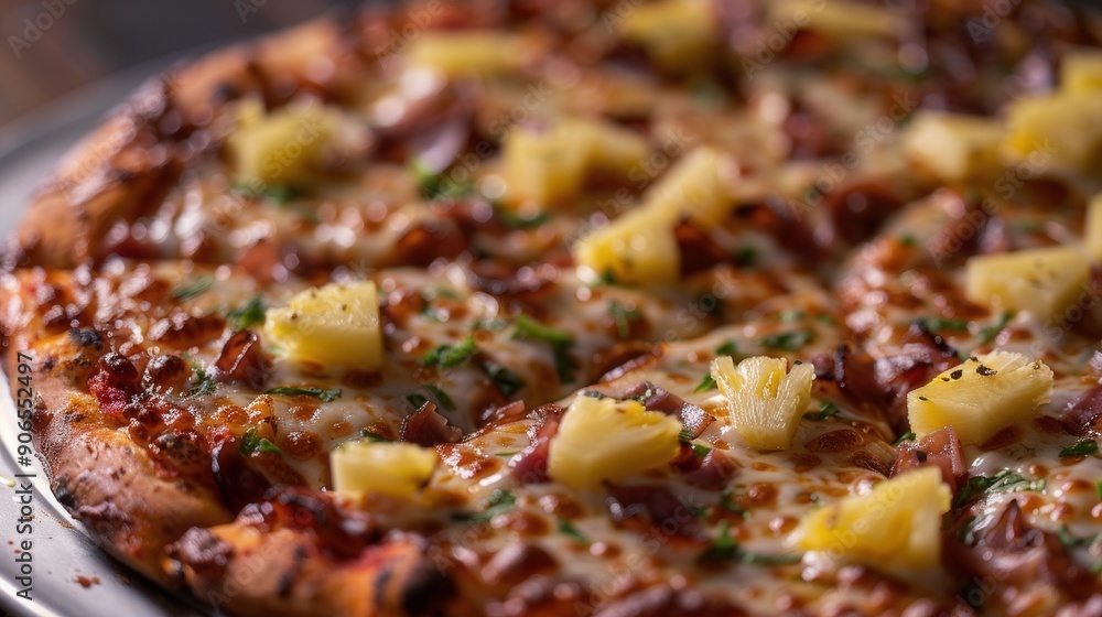 Closeup macro view of fresh pineapple pizza closeup view Closeup macro view of fresh pineapple pizza closeup view