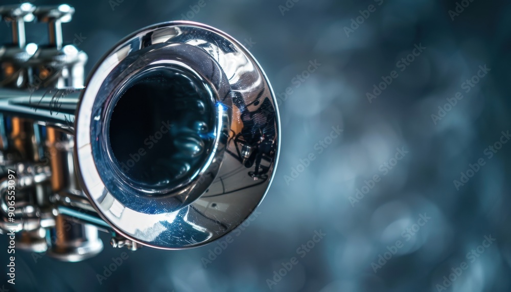 Close Up of Silver Trumpet Bell With Blue Background Close Up of Silver Trumpet Bell With Blue Background