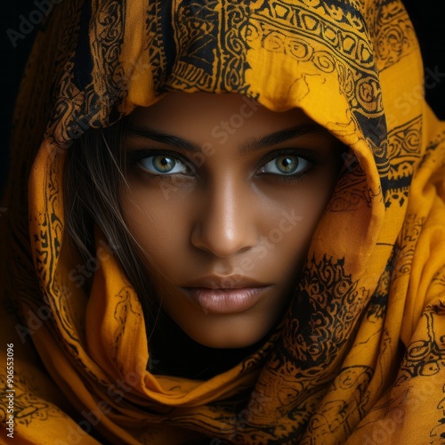 Delighted woman in hijab. Portrait of Muslim lady looking aside with a radiant smile.