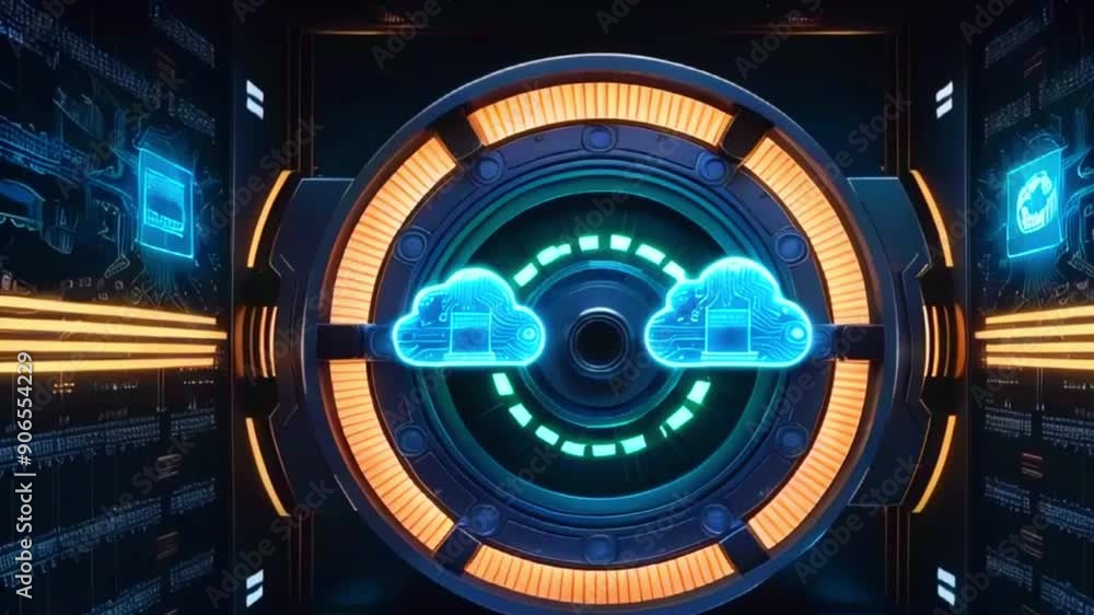 This video shows a futuristic data center with glowing cloud computing icons. This video shows a futuristic data center with glowing cloud computing icons.
