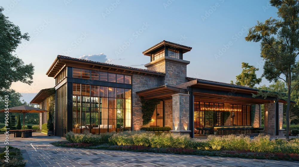 A detailed 3D rendering of the exterior of a winery building, featuring traditional architecture, large windows, and surrounding vineyards with a rustic or modern design. A detailed 3D rendering of the exterior of a winery building, featuring traditional architecture, large windows, and surrounding vineyards with a rustic or modern design.