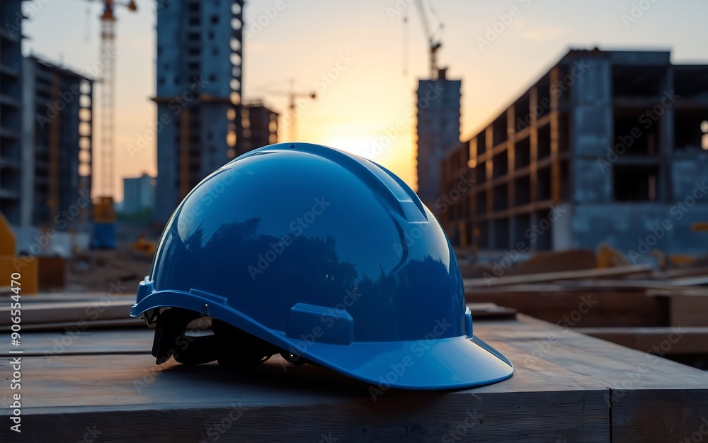Builder's helmet against the background of houses under construction Builder's helmet against the background of houses under construction