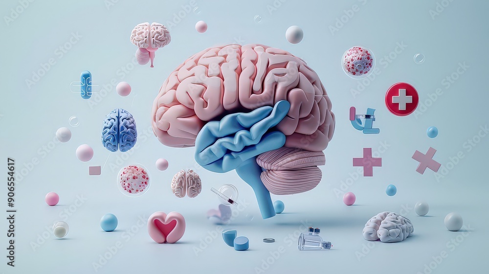 model of the human brain with health-related icons, such as a heart, stethoscope, and medical cross, indicating the brains role in overall health and well-being. model of the human brain with health-related icons, such as a heart, stethoscope, and medical cross, indicating the brains role in overall health and well-being.