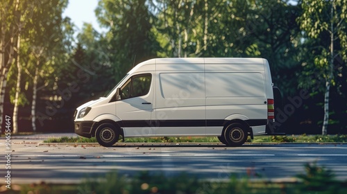 White Van Driving on a Road With Green Trees