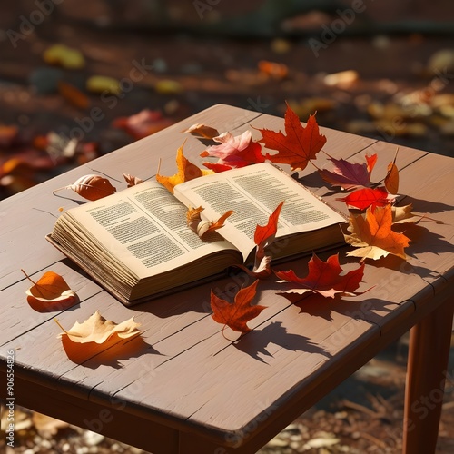 A sunlit wooden table with an open antique book surrounded by scattered autumn leaves, the pages gently fluttering in the breez photo