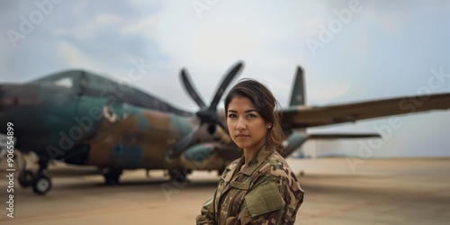 Portrait of a Serious Young Female Fighter Pilot in Military Uniform.Generated image photo