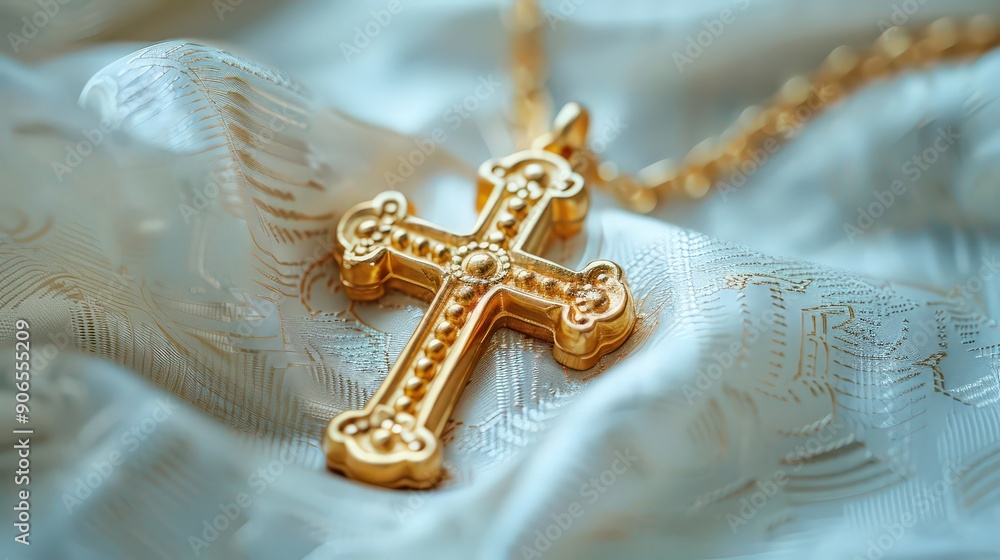 close-up of a gold cross necklace, intricately designed and resting on a silky white fabric. The image highlights the craftsmanship and symbolism of the religious pendant, emphasizing its elegance an close-up of a gold cross necklace, intricately designed and resting on a silky white fabric. The image highlights the craftsmanship and symbolism of the religious pendant, emphasizing its elegance an