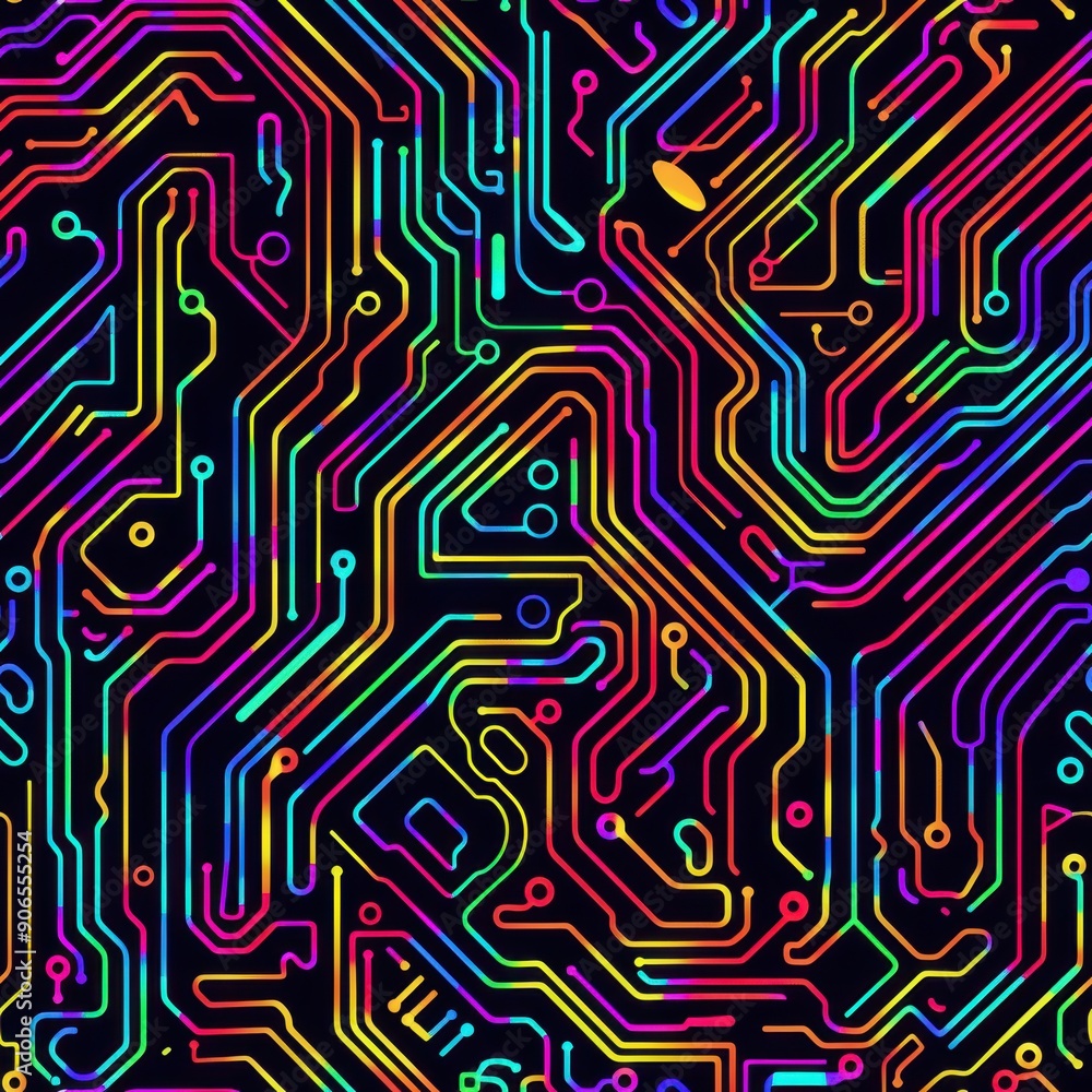 Obraz premium Seamless pattern of smooth glowing circuit lines in a vibrant neon color scheme