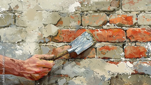 A hand using a trowel to repair a brick wall, showcasing craftsmanship and renovation work on weathered bricks.