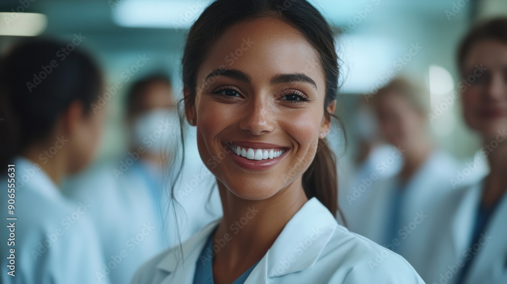 Fototapeta premium A group of doctors and nurses standing confidently in a hospital, their smiles reflecting the successful teamwork and leadership that drives their healthcare efforts