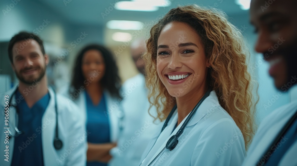 Fototapeta premium A group of doctors and nurses standing confidently in a hospital, their smiles reflecting the successful teamwork and leadership that drives their healthcare efforts