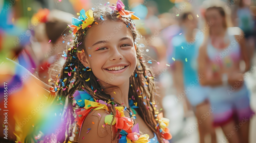 young girl with a radiant smile, adorned with colorful flowers and confetti during a festive outdoor event. young girl with a radiant smile, adorned with colorful flowers and confetti during a festive outdoor event.