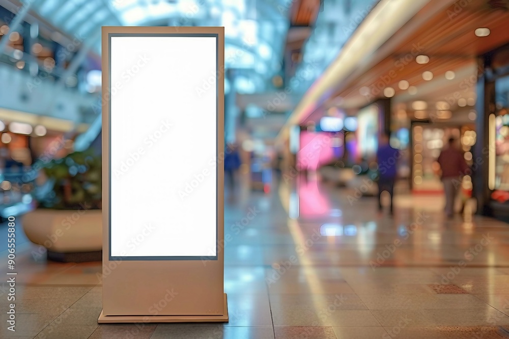 Vertical OOH out of home poster display in retail environment. Advertising digital screen in shopping mall. Out of focus bokeh effect in background. Vertical OOH out of home poster display in retail environment. Advertising digital screen in shopping mall. Out of focus bokeh effect in background.