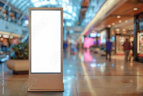 Vertical OOH out of home poster display in retail environment. Advertising digital screen in shopping mall. Out of focus bokeh effect in background.