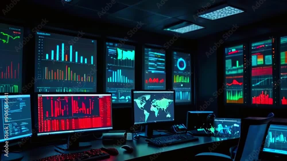 This is a room with multiple computer screens displaying data and graphs. This is a room with multiple computer screens displaying data and graphs.
