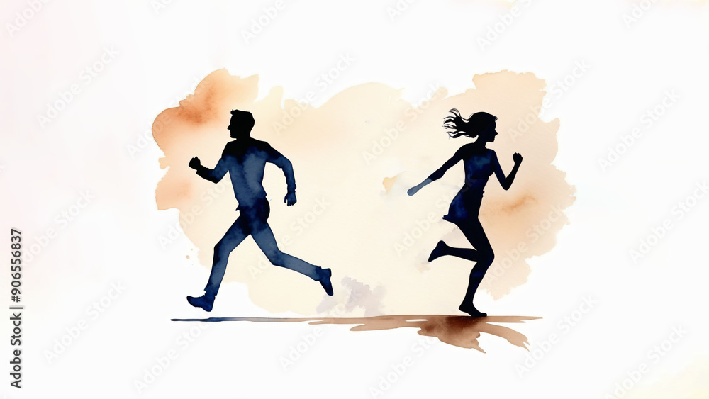 a simple watercolor drawing, silhouettes of a man and a woman running in different directions, away from each other, on a light background a simple watercolor drawing, silhouettes of a man and a woman running in different directions, away from each other, on a light background
