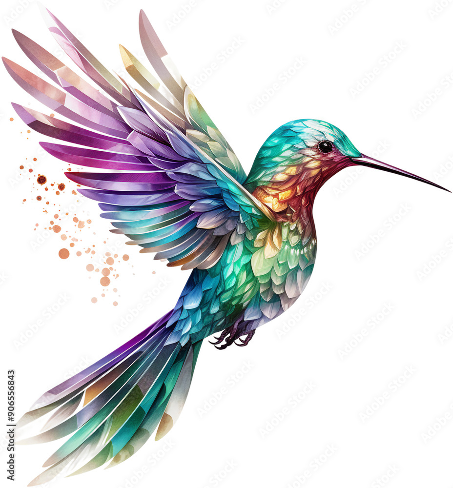A colorful bird with a long beak flying in the air. The bird's feathers are a mix of blue, green, and purple. The image has a vibrant and lively mood, with the bird's bright colors