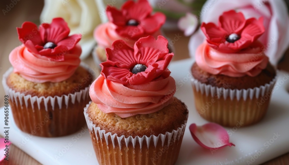 Pink And Red Floral Decorated Cupcakes On White Plate Pink And Red Floral Decorated Cupcakes On White Plate