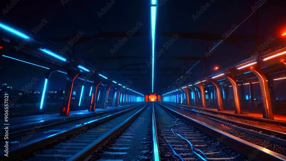 This is a video of a train track tunnel with blue and orange lights. This is a video of a train track tunnel with blue and orange lights.