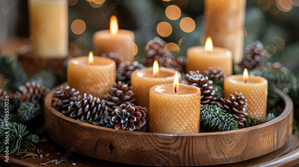 A wooden tray with six lit candles, pine cones and green sprigs. The candles are surrounded by pine cones and the sprigs. A wooden tray with six lit candles, pine cones and green sprigs. The candles are surrounded by pine cones and the sprigs.