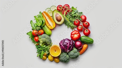  colorful and vibrant arrangement of fresh vegetables, including tomatoes, avocado, broccoli, and citrus, displayed in a circular pattern against a plain background, symbolizing health and nutrition.