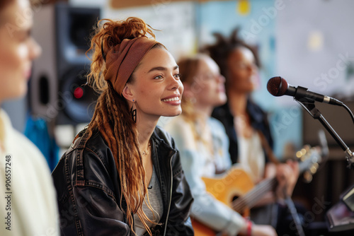 Diverse Female Songwriters Collaborating in a Creative Session