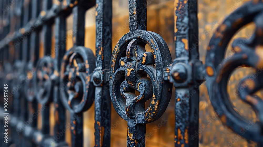 close-up of a rustic, ornamental wrought iron fence, with detailed, weathered patterns and a vintage feel, highlighting craftsmanship and historical charm close-up of a rustic, ornamental wrought iron fence, with detailed, weathered patterns and a vintage feel, highlighting craftsmanship and historical charm