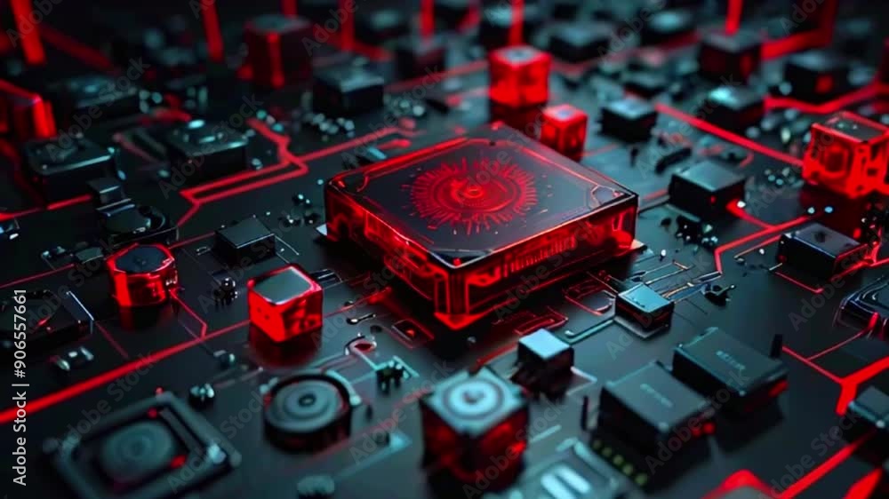 This is a video of a computer circuit board with a large, red, glowing chip in the center.