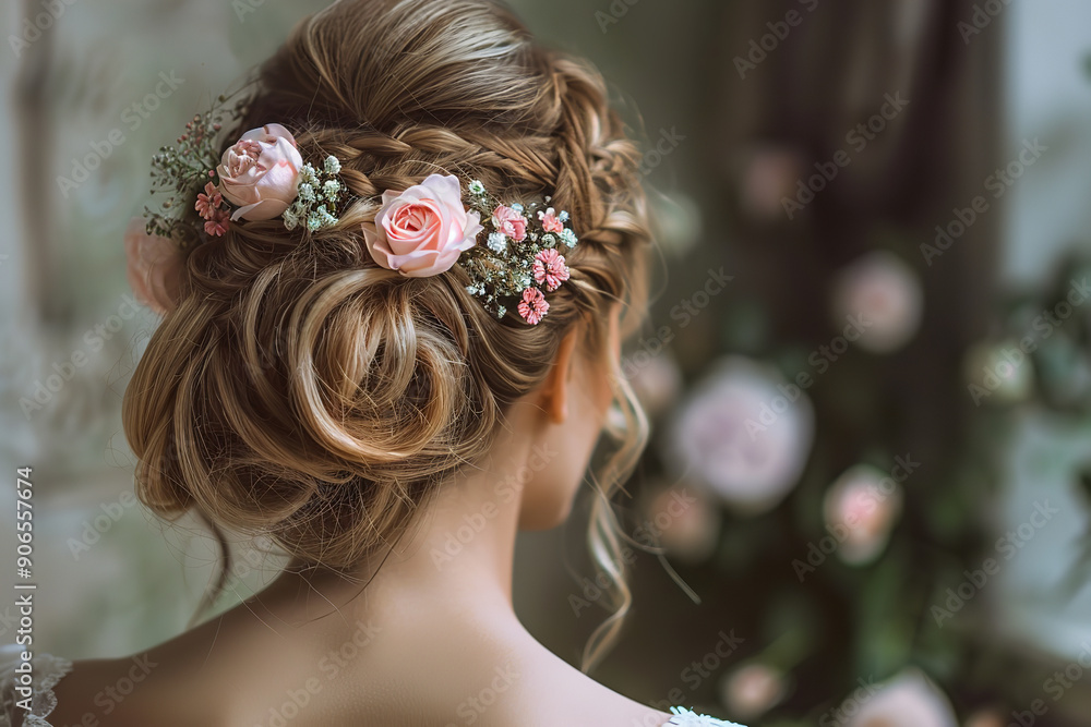 Elegant Bridal Hairstyling with Floral Decor in Sophisticated Salon Elegant Bridal Hairstyling with Floral Decor in Sophisticated Salon