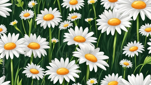 Seamless pattern. lush green grass with bright daisy flowers, summer plants.