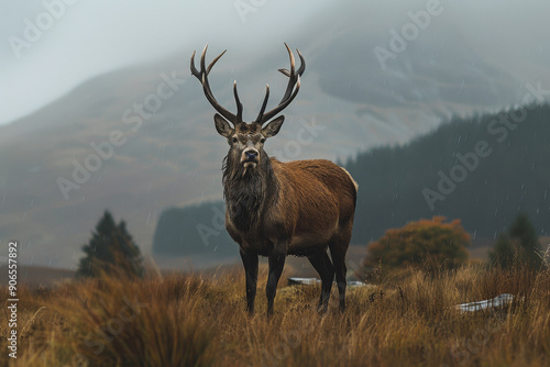 scottish stag in the rain