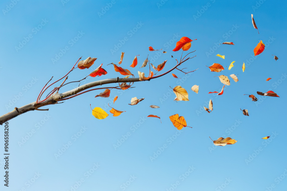 Branch with leaves blowing in the wind against a clear blue sky. Branch with leaves blowing in the wind against a clear blue sky.