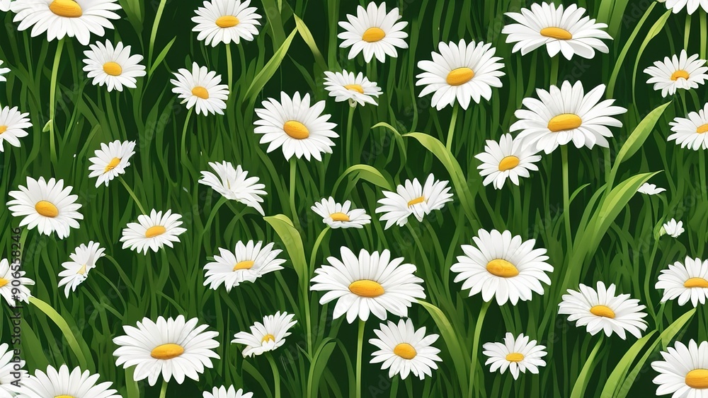 Fototapeta premium Seamless pattern of green grass and bright daisy flowers summer plants.