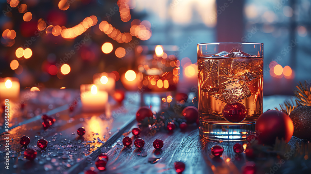A glass of amber liquid with ice, on a wooden table with red ornaments and candles, with a blurred Christmas tree in the background. A glass of amber liquid with ice, on a wooden table with red ornaments and candles, with a blurred Christmas tree in the background.