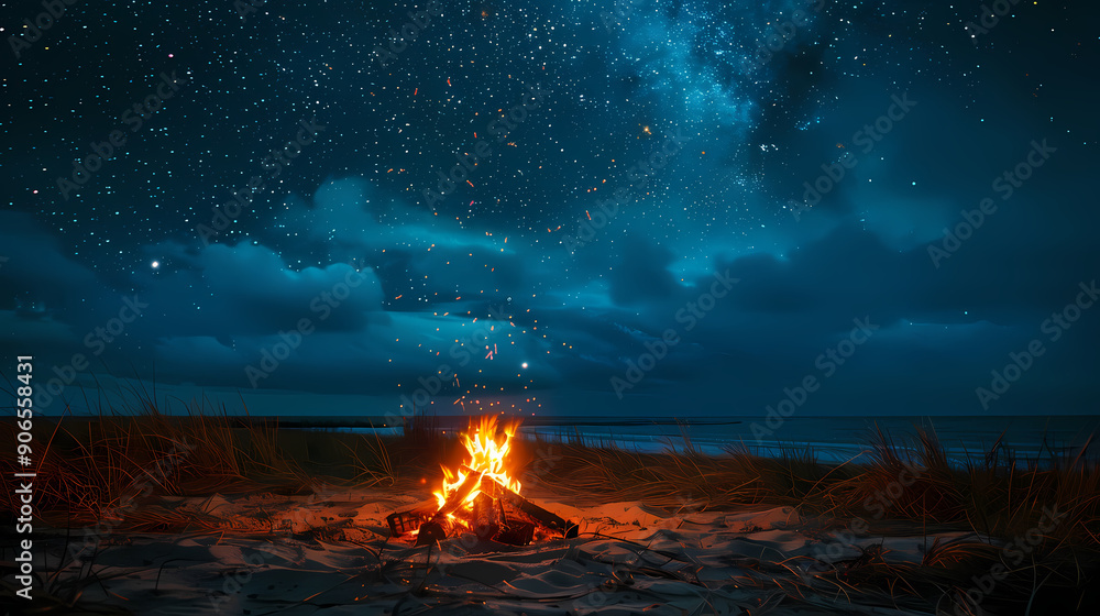 Fototapeta premium Campfire at night with a sky full of stars in background