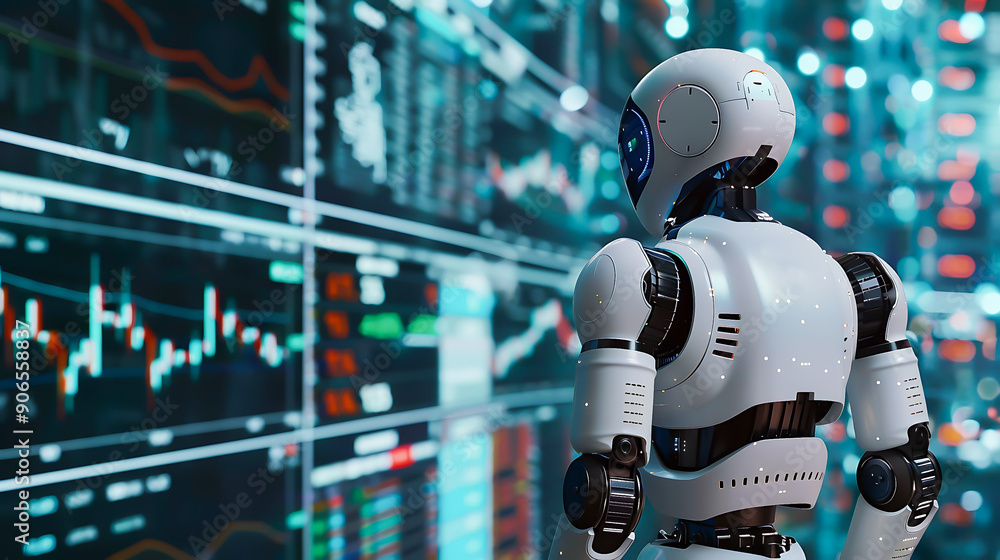 Back view of a humanoid robot standing looking analyzing the trading graph, symbolizing the graph growth up and artificial intelligence for stock market analysis
Back view of a humanoid robot standing looking analyzing the trading graph, symbolizing the graph growth up and artificial intelligence for stock market analysis