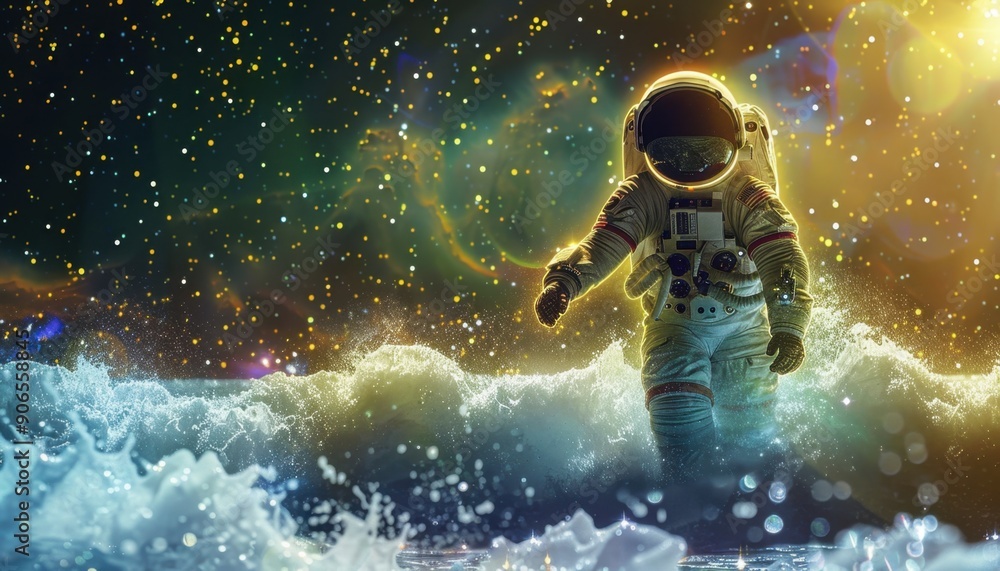 Astronaut Walking on a Cosmic Ocean Under a Starry Sky Astronaut Walking on a Cosmic Ocean Under a Starry Sky