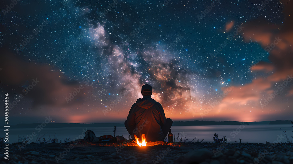 Campfire at night with a sky full of stars in background Campfire at night with a sky full of stars in background