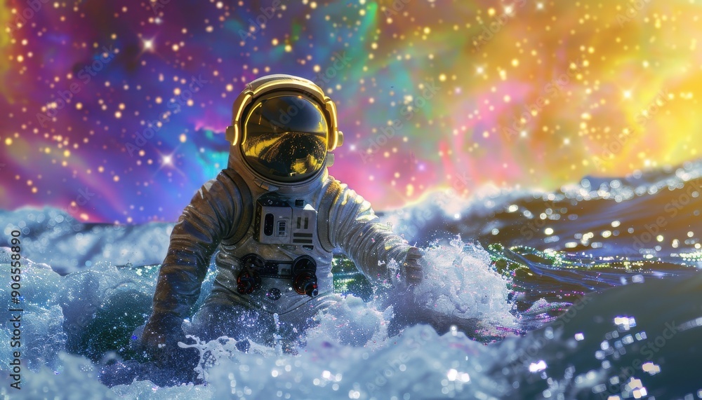 Astronaut Floating in Cosmic Waves During a Starry Night Astronaut Floating in Cosmic Waves During a Starry Night