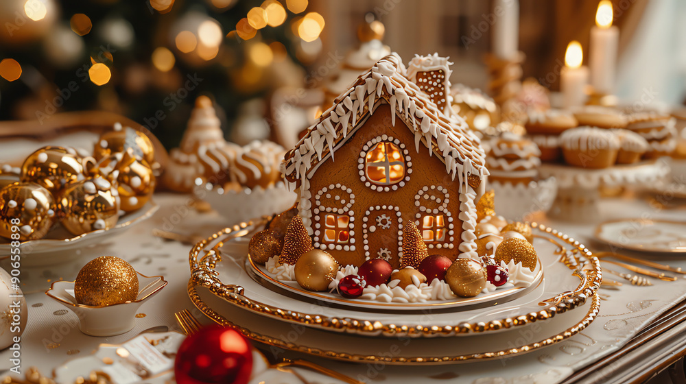 A gingerbread house with white frosting and lit windows, surrounded by golden ornaments and other treats.
A gingerbread house with white frosting and lit windows, surrounded by golden ornaments and other treats.