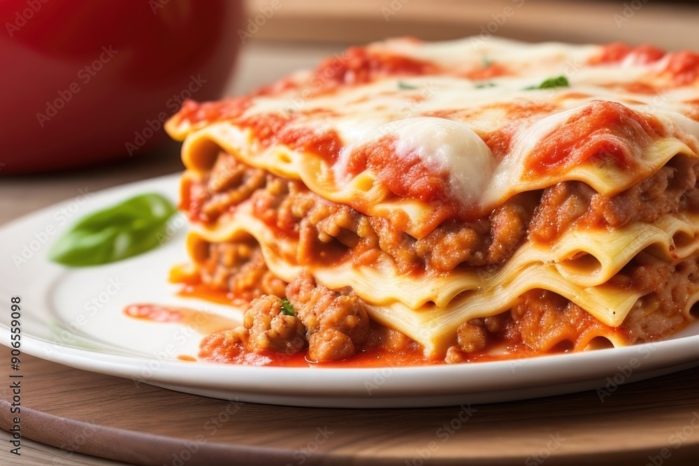 Close-up lasagna on a plate on the table Close-up lasagna on a plate on the table