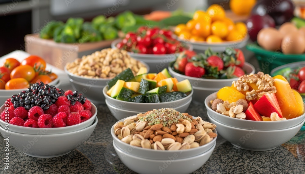 A Variety of Fresh Fruits, Nuts, and Vegetables in Bowls on a Kitchen Counter A Variety of Fresh Fruits, Nuts, and Vegetables in Bowls on a Kitchen Counter