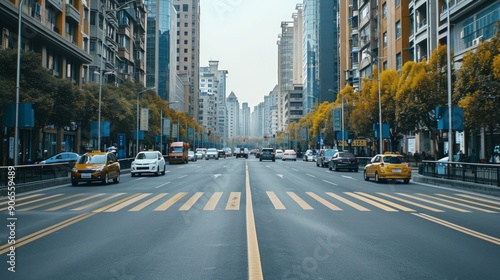 Aerial View of a Busy Multi-Lane Highway with Heavy Traffic Leading to a City Skyline at Sunset. Concept of Urban Traffic, Cityscape, Transportation, Commuting