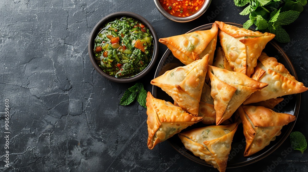 Savory golden samosas served with spicy sauce and chutney, perfect for appetizers or snacks, showcasing a rich culinary tradition. Savory golden samosas served with spicy sauce and chutney, perfect for appetizers or snacks, showcasing a rich culinary tradition.