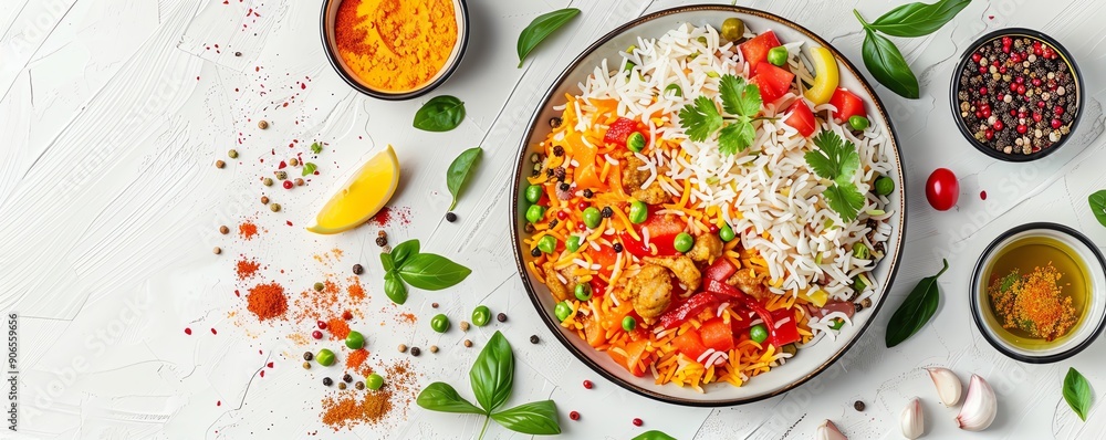Vibrant bowl of rice with colorful vegetables and spices, perfect for food photography and culinary inspiration. Vibrant bowl of rice with colorful vegetables and spices, perfect for food photography and culinary inspiration.