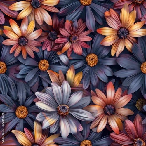 Seamless pattern of colorful flowers with detailed petals. photo