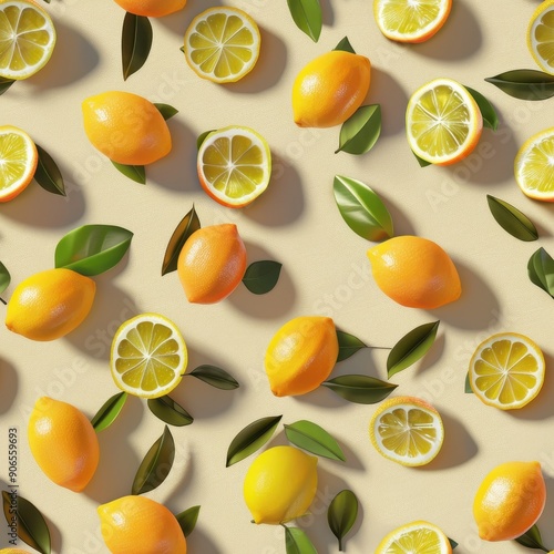 Seamless pattern of lemons with vibrant green leaves.